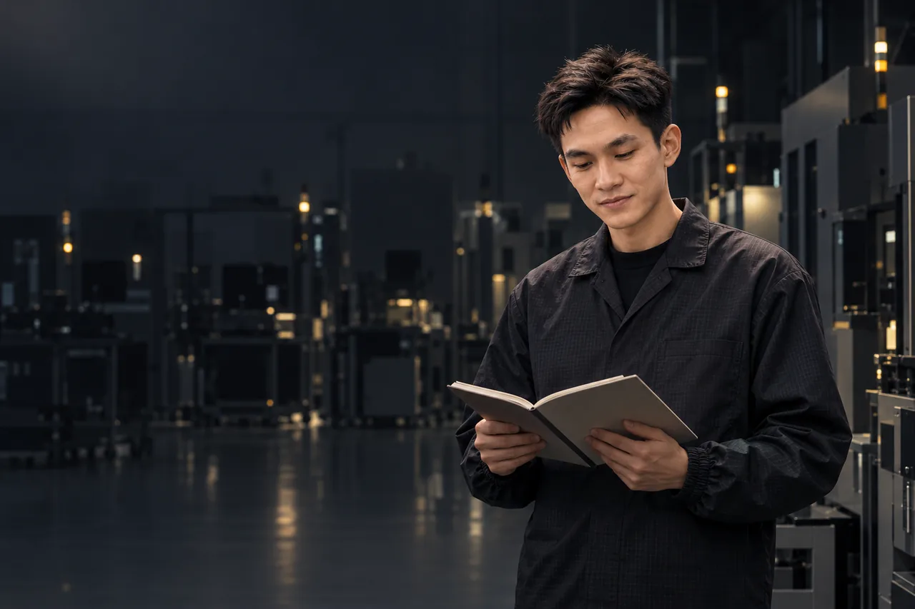 Thitipat on an Assembly floor at night, reading an open logbook (illustrative, AI-generated from his portrait).